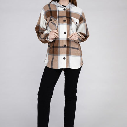 Comfy Casual Plaid Drawstring Hooded Fleece Shacket - Accessoriesforever