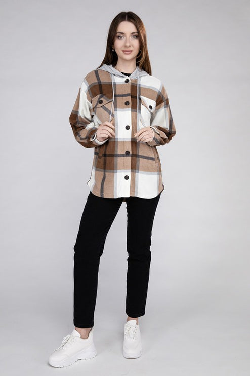 Comfy Casual Plaid Drawstring Hooded Fleece Shacket - Accessoriesforever