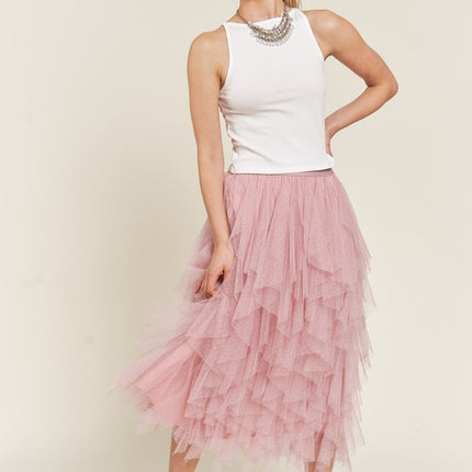 Elegant Layered Polka Dot Mesh A-Line Elastic Waist Midi Skirt