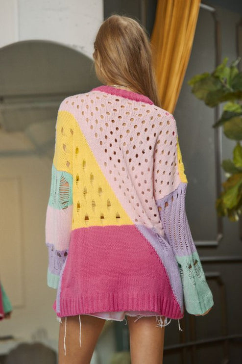 Colorful Open Knit Design Detailed Pullover Fashion Top Sweater - Accessoriesforever