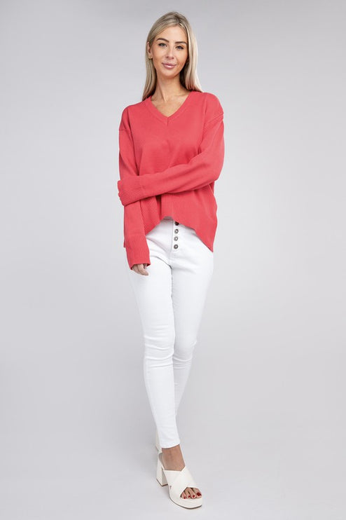 Simple Classic Casual Solid V-neck Long Sleeve Fashion Top Sweater