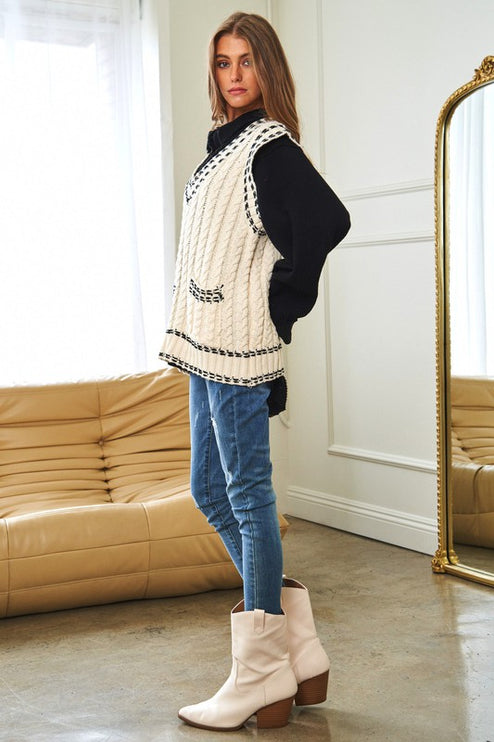 Fashion V-Neck Sleeveless Pocket Detail Design Knit Sweater Vest