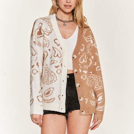 Oversized Heart Paisley Button-Down Sweater Cardigan with Color Block