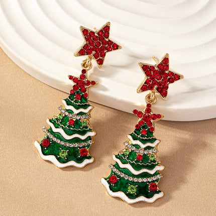 Red Star Accents Sparking Christmas Tree Holiday Fashion Drop Earrings - Accessoriesforever
