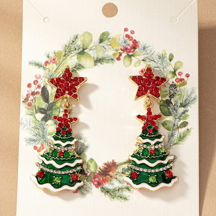 Red Star Accents Sparking Christmas Tree Holiday Fashion Drop Earrings - Accessoriesforever