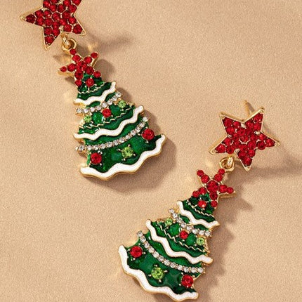 Red Star Accents Sparking Christmas Tree Holiday Fashion Drop Earrings - Accessoriesforever