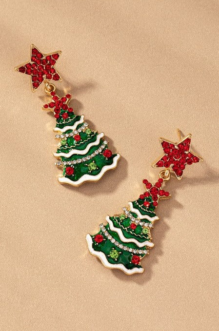 Red Star Accents Sparking Christmas Tree Holiday Fashion Drop Earrings
