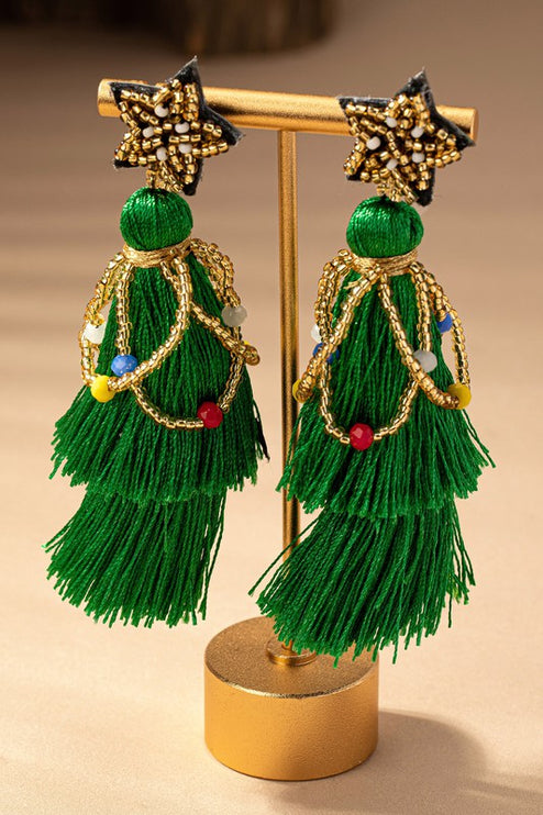 Green Tassel Beaded Star Christmas Tree Holiday Drop Earrings
