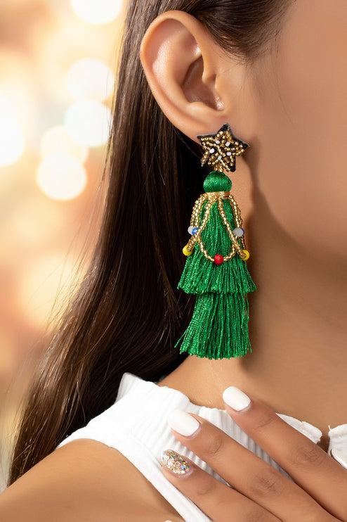 Green Tassel Beaded Star Christmas Tree Holiday Drop Earrings