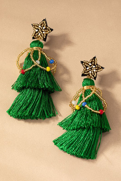 Green Tassel Beaded Star Christmas Tree Holiday Drop Earrings - Accessoriesforever