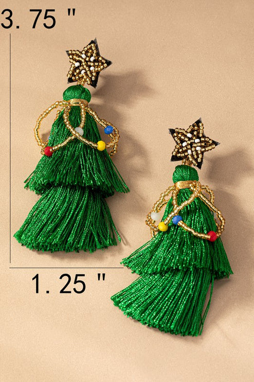 Green Tassel Beaded Star Christmas Tree Holiday Drop Earrings