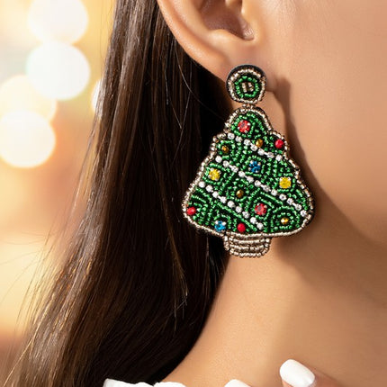 Beautiful Handcrafted Seed Bead Rhinestones Christmas Tree Holiday Drop Earrings