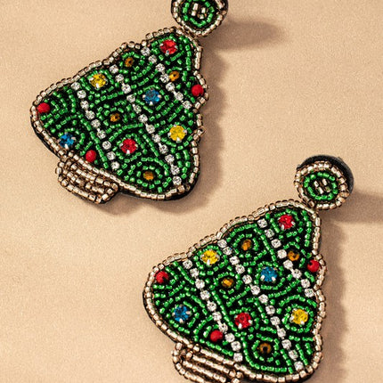 Beautiful Handcrafted Seed Bead Rhinestones Christmas Tree Holiday Drop Earrings - Accessoriesforever