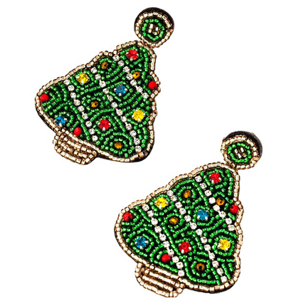Beautiful Handcrafted Seed Bead Rhinestones Christmas Tree Holiday Drop Earrings - Accessoriesforever