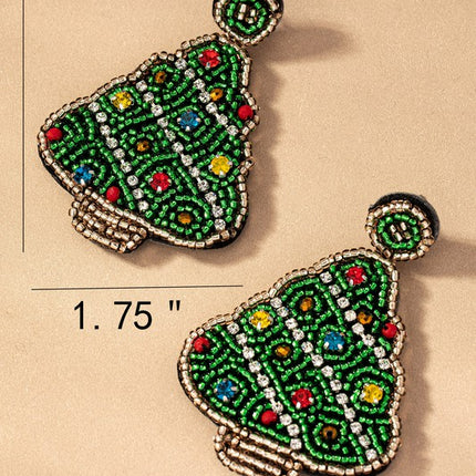 Beautiful Handcrafted Seed Bead Rhinestones Christmas Tree Holiday Drop Earrings - Accessoriesforever