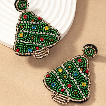 Beautiful Handcrafted Seed Bead Rhinestones Christmas Tree Holiday Drop Earrings - Accessoriesforever