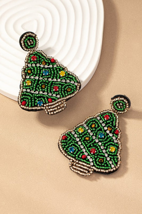 Beautiful Handcrafted Seed Bead Rhinestones Christmas Tree Holiday Drop Earrings