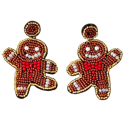Handcrafted Gingerbread Man Seed Bead Christmas Holiday Drop Earrings - Accessoriesforever
