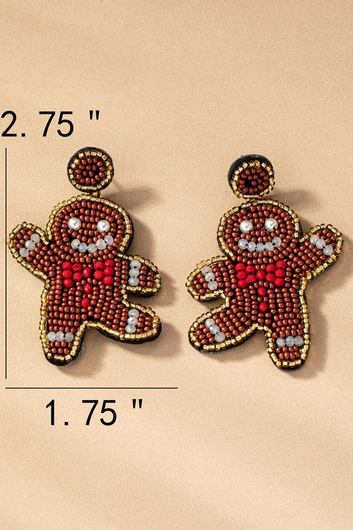 Handcrafted Gingerbread Man Seed Bead Christmas Holiday Drop Earrings - Accessoriesforever