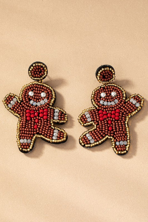 Handcrafted Gingerbread Man Seed Bead Christmas Holiday Drop Earrings - Accessoriesforever