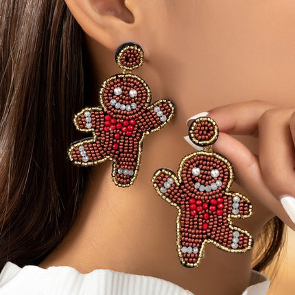 Handcrafted Gingerbread Man Seed Bead Christmas Holiday Drop Earrings - Accessoriesforever