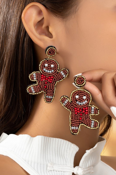 Handcrafted Gingerbread Man Seed Bead Christmas Holiday Drop Earrings - Accessoriesforever