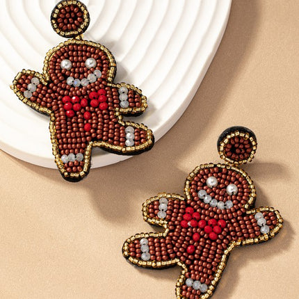Handcrafted Gingerbread Man Seed Bead Christmas Holiday Drop Earrings - Accessoriesforever