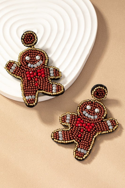 Handcrafted Gingerbread Man Seed Bead Christmas Holiday Drop Earrings