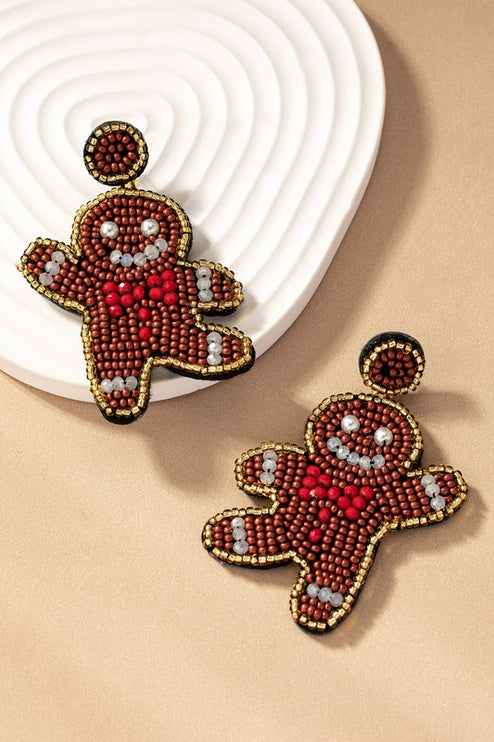 Handcrafted Gingerbread Man Seed Bead Christmas Holiday Drop Earrings - Accessoriesforever