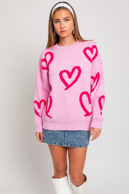 Cute Long Sleeve Round Neck Heart Pattern Sweater