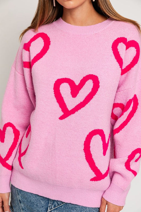 Cute Long Sleeve Round Neck Heart Pattern Sweater