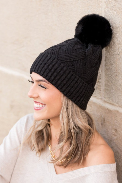 Classic Cable Soft Knit Plush Pom-Pom Fashion Beanie Hat