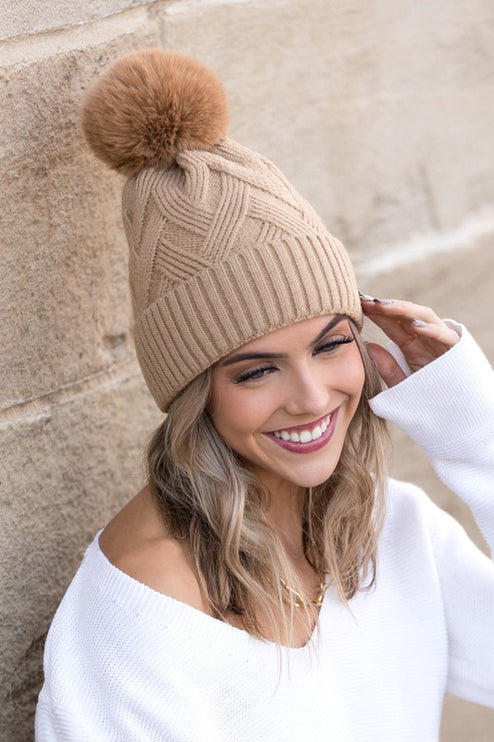 Classic Cable Soft Knit Plush Pom-Pom Fashion Beanie Hat