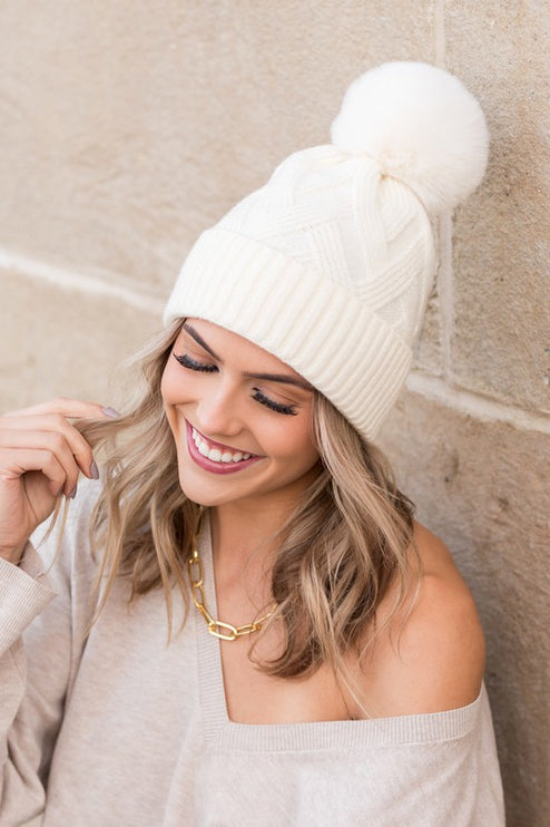 Classic Cable Soft Knit Plush Pom-Pom Fashion Beanie Hat