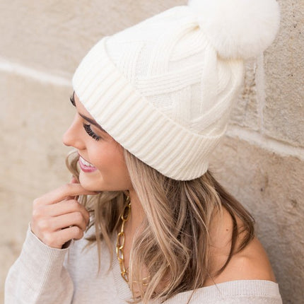 Classic Cable Soft Knit Plush Pom-Pom Fashion Beanie Hat - Accessoriesforever