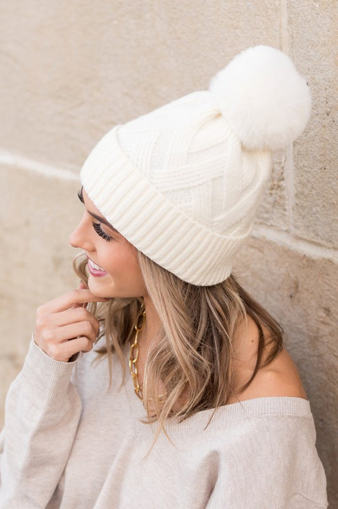 Classic Cable Soft Knit Plush Pom-Pom Fashion Beanie Hat