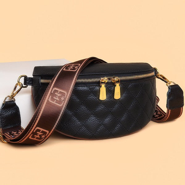 Chic Quilted Leather Crescent Sling Bag with Gold Accents