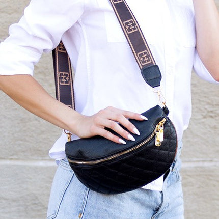 Chic Quilted Leather Crescent Sling Bag with Gold Accents