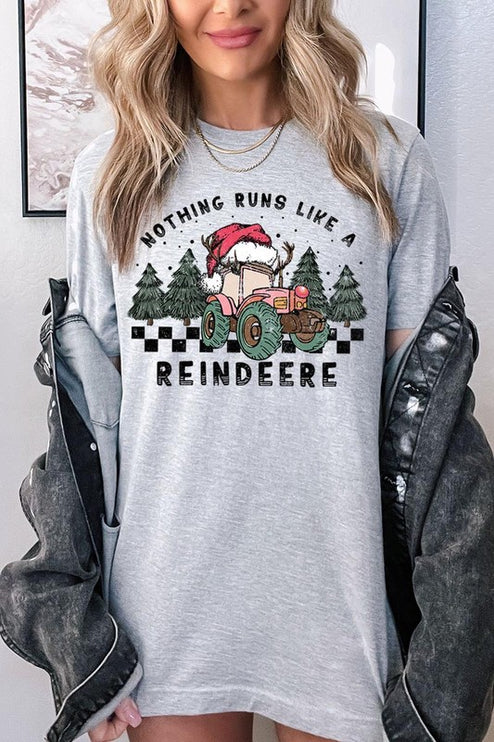 Reindeer Tractor Christmas Holiday Unisex Short Sleeve Graphic Tee T-Shirt