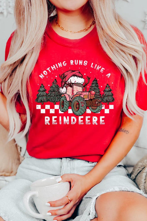 Reindeer Tractor Christmas Holiday Unisex Short Sleeve Graphic Tee T-Shirt