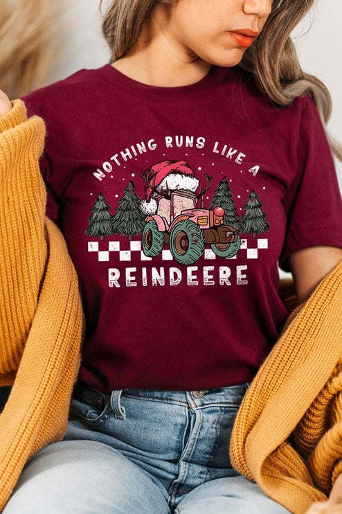 Reindeer Tractor Christmas Holiday Unisex Short Sleeve Graphic Tee T-Shirt