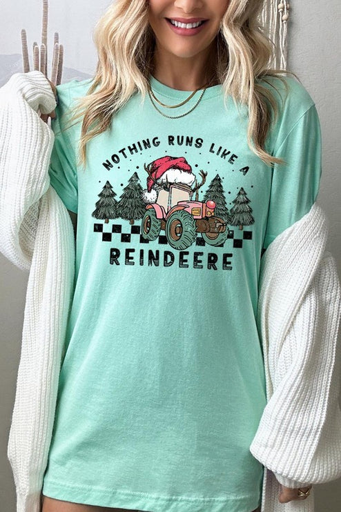 Reindeer Tractor Christmas Holiday Unisex Short Sleeve Graphic Tee T-Shirt