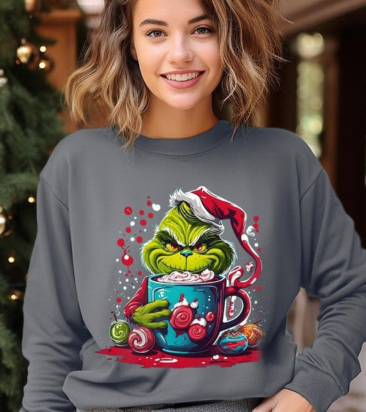 Giggling Grinch Christmas Holiday Unisex Long Sleeve Graphic Sweatshirt - Accessoriesforever