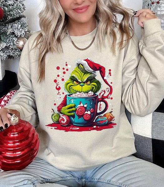 Giggling Grinch Christmas Holiday Unisex Long Sleeve Graphic Sweatshirt