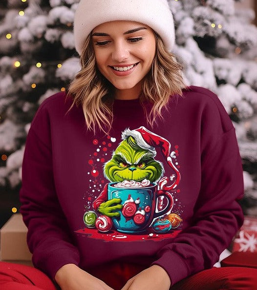 Giggling Grinch Christmas Holiday Unisex Long Sleeve Graphic Sweatshirt