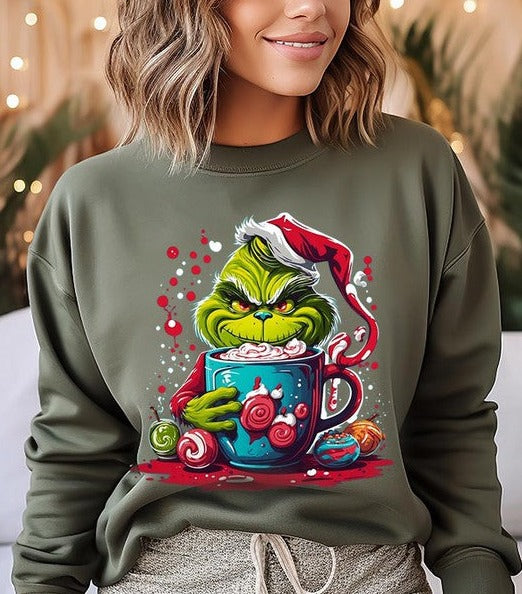 Giggling Grinch Christmas Holiday Unisex Long Sleeve Graphic Sweatshirt