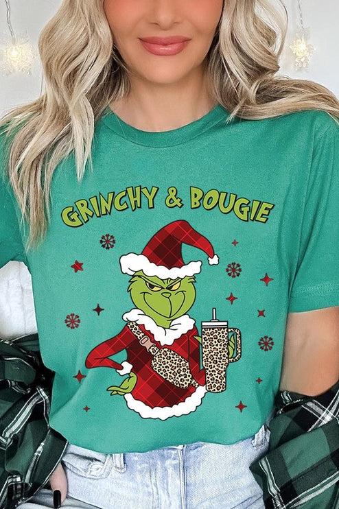 Grinchy & Bougie Christmas Holiday Unisex Short Sleeve Graphic Tee T-Shirt