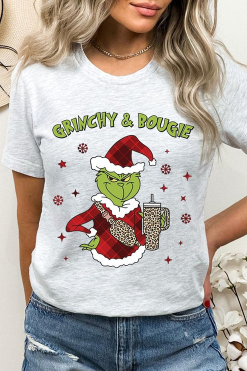 Grinchy & Bougie Christmas Holiday Unisex Short Sleeve Graphic Tee T-Shirt