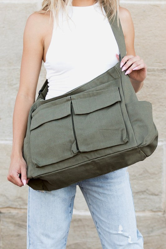 Oversized Canvas Messenger Bag with Spacious Pockets