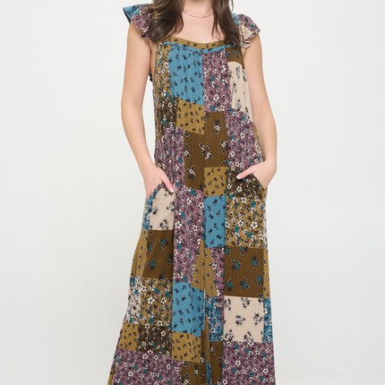 Boho Elegance Patchwork Ruffle Knit Maxi Jumpsuit
